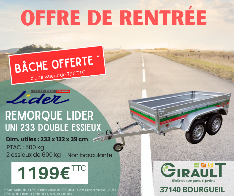 BACHE OFFERTE - REMORQUE LIDER UNI 233 DOUBLE ESSIEUX