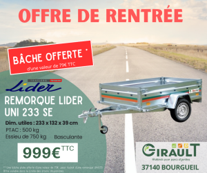 BACHE OFFERTE - REMORQUE LIDER UNI 233 SIMPLE ESSIEU