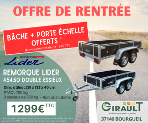 BACHE ET PORTE ÉCHELLE OFFERTS - REMORQUE BOIS LIDER 45450 DOUBLE ESSIEUX